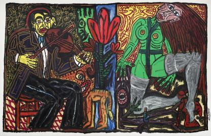 Robert Combas, La belle Verte, Daniel le Viollonoeud et son chien Aron, 1995